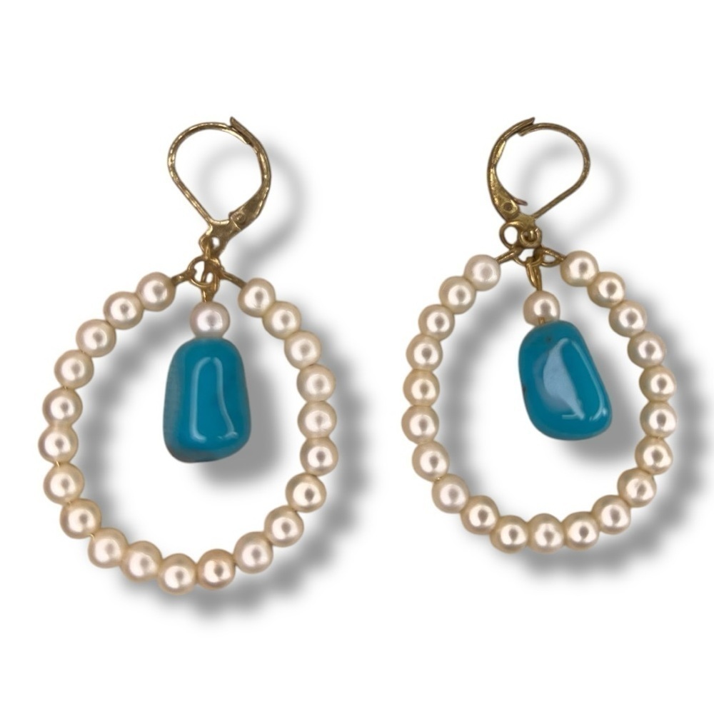 Vintage Pearl Turquoise Hoop Earrings Retro Boho Dangle Style Teal Ivory
